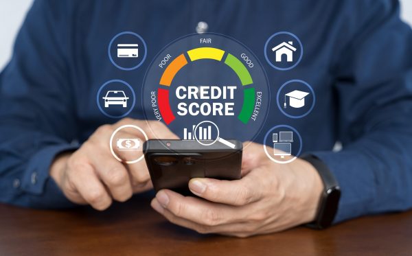 Credit score concept, Person use smartphone with virtual credit score icon for chart with credit history values. Online credit score ranking check. student loan, mortgage and payment cards.