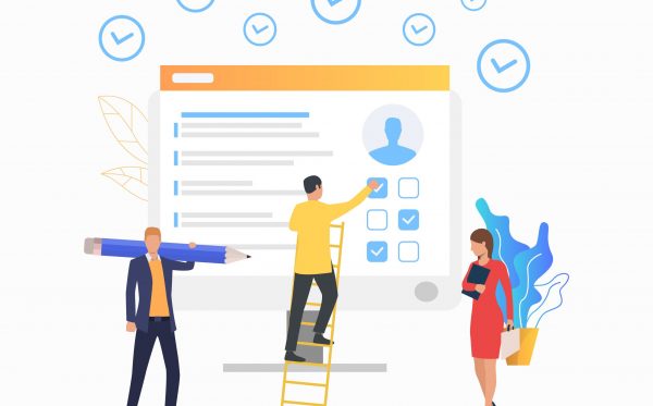 Businessman choosing options on computer. Profile, headhunting, candidate. Employment concept. Vector illustration can be used for topics like headhunting, business, internet