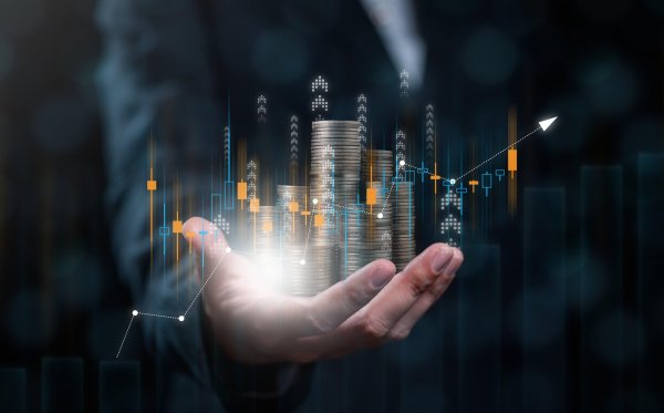 Stack of coins with graph chart growth up, Business marketing, Coins for saving money, Growth investing, Income stability, Saving money for future investments, Financial investment
